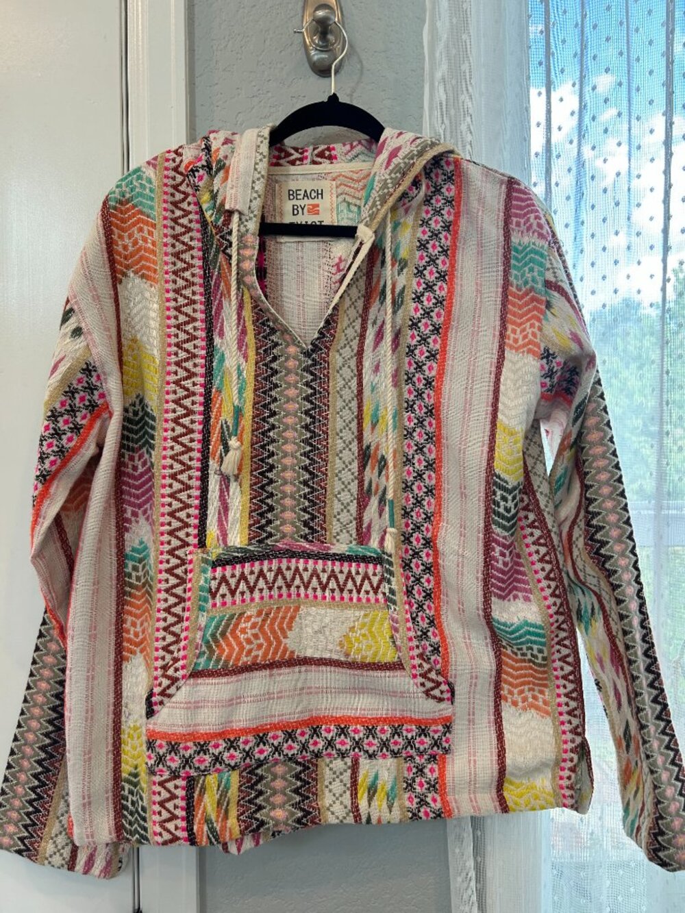 Baja Hoodie Mexican Poncho Hoodie Multicolor Aztec Festival Pullover Size L